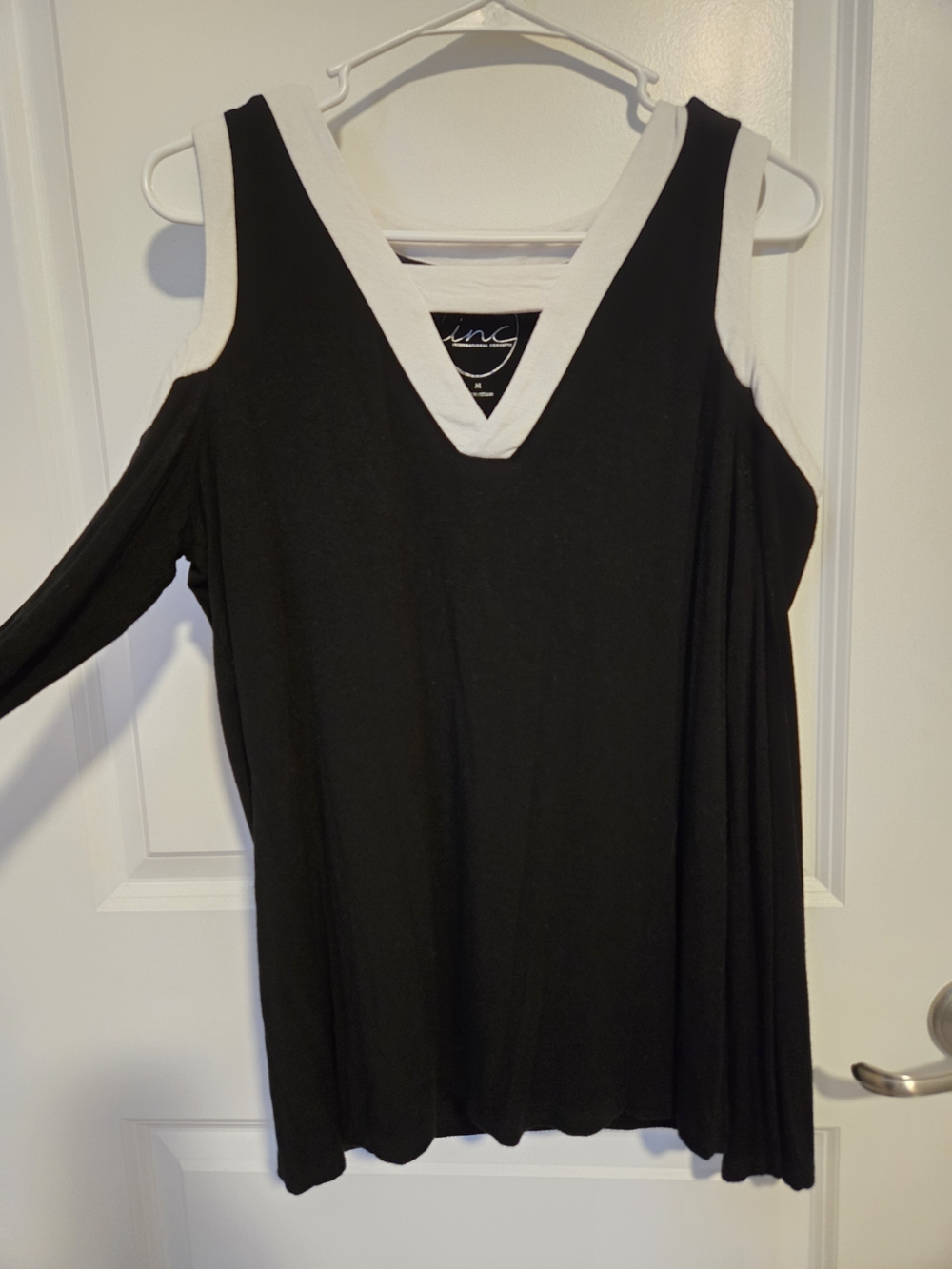 INC International Concepts Black Cold-Shoulder V-Neck Top with White Trim